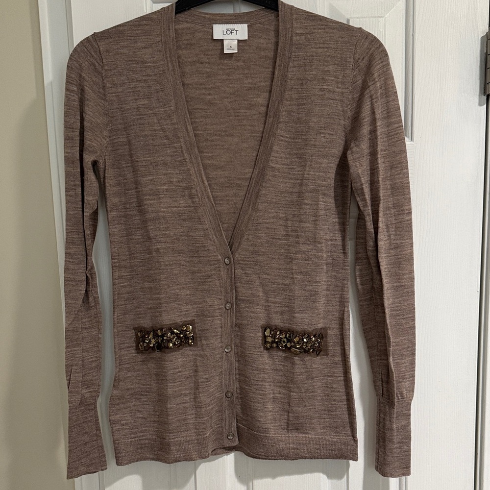 LOFT Tan Cardigan with Embellished Pockets